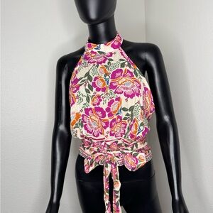 Floral Halter Crop Top - Pink and Orange